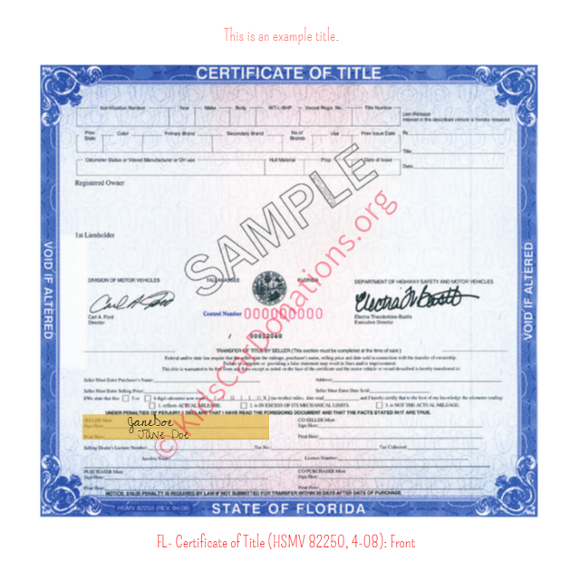 This is an Example of Florida Certificate of Title (HSMV 82250, 4-08) Front View | Kids Car Donations